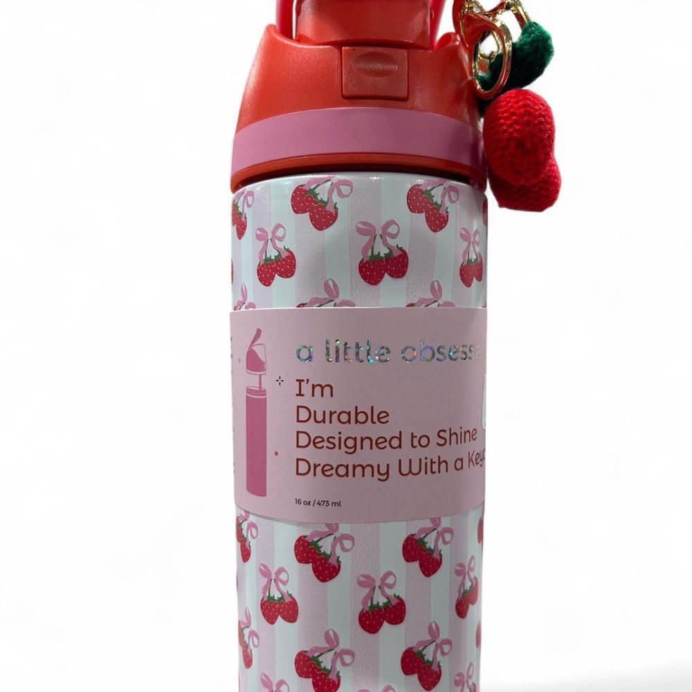Strawberry Pattern Water Bottle, Push-Button Lid w/ Crochet Keychain - 16oz